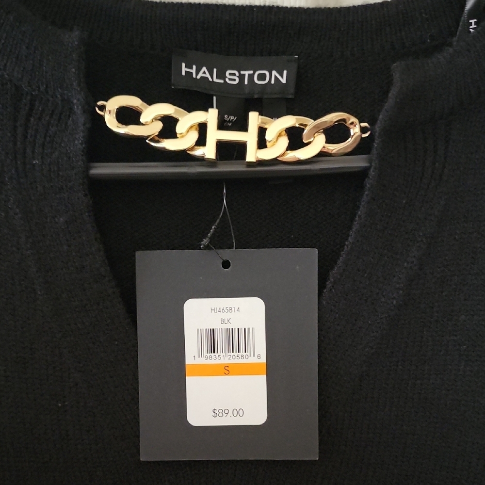Halston Designer V-neck Sweater "H" gold Chain Detail - Picture 3 of 5